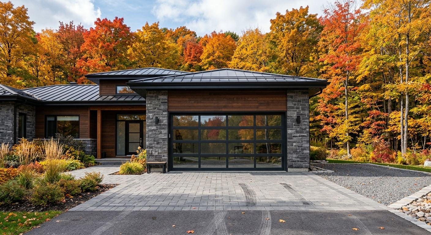 Maison avec nouvelle porte de garage imitation bois à Hérouxville