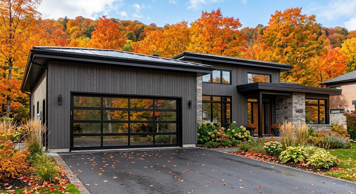 Maison avec nouvelle porte de garage imitation bois à Sainte-Anne-de-la-Pérade