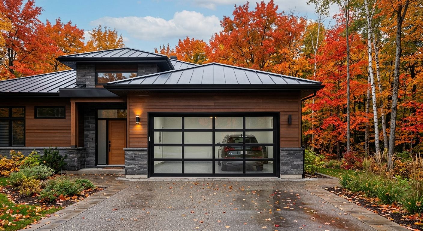 Maison avec nouvelle porte de garage imitation bois à Rosemère