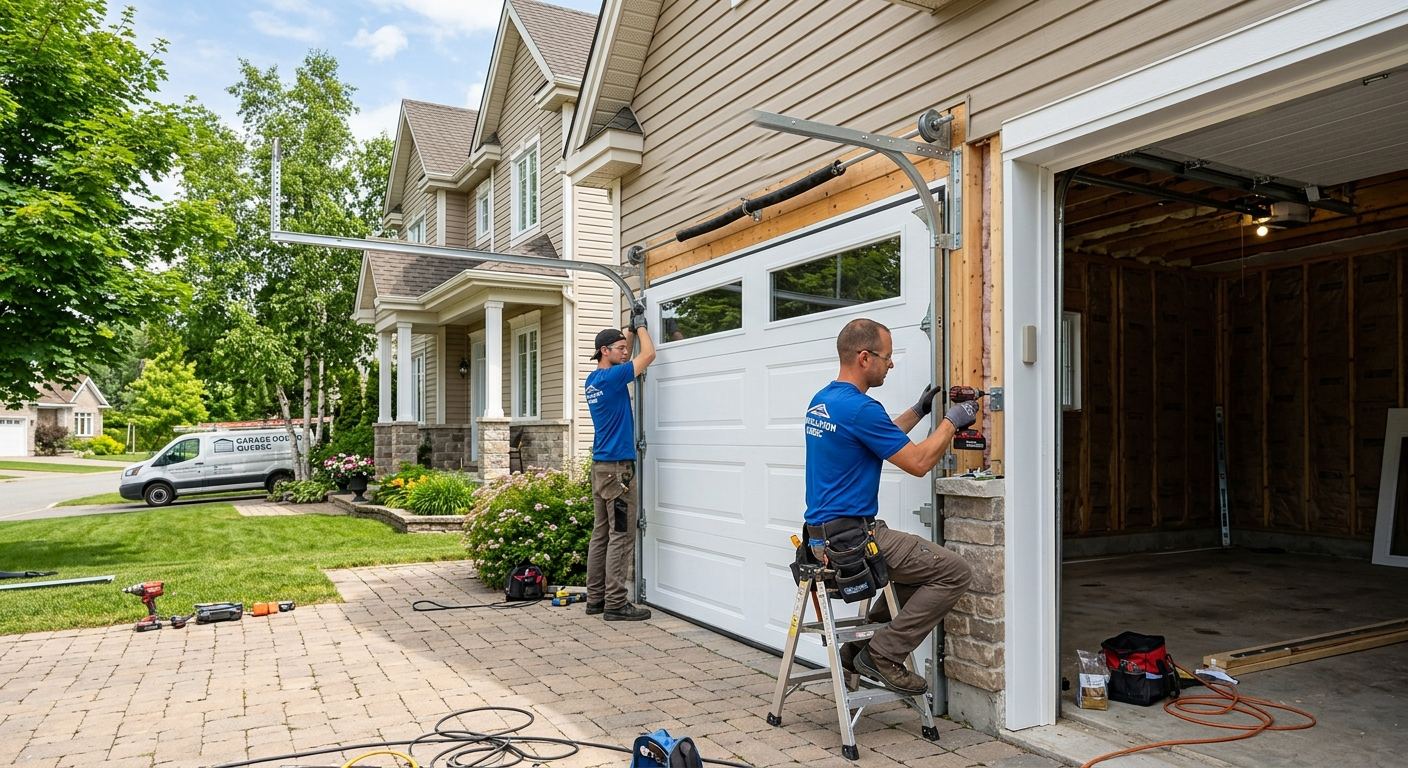 Maison avec nouvelle porte de garage imitation bois à Lamarche
