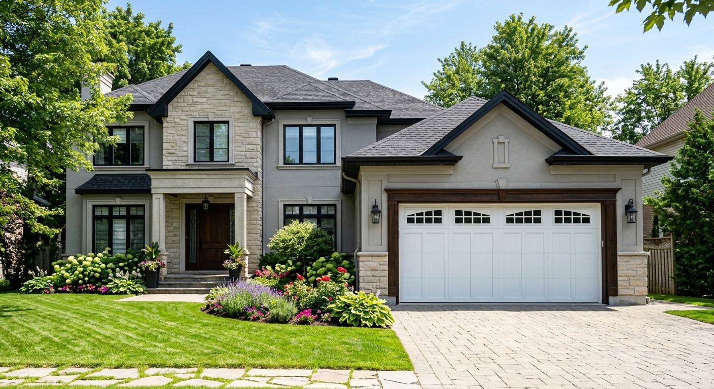 Maison avec nouvelle porte de garage imitation bois à Bonsecours