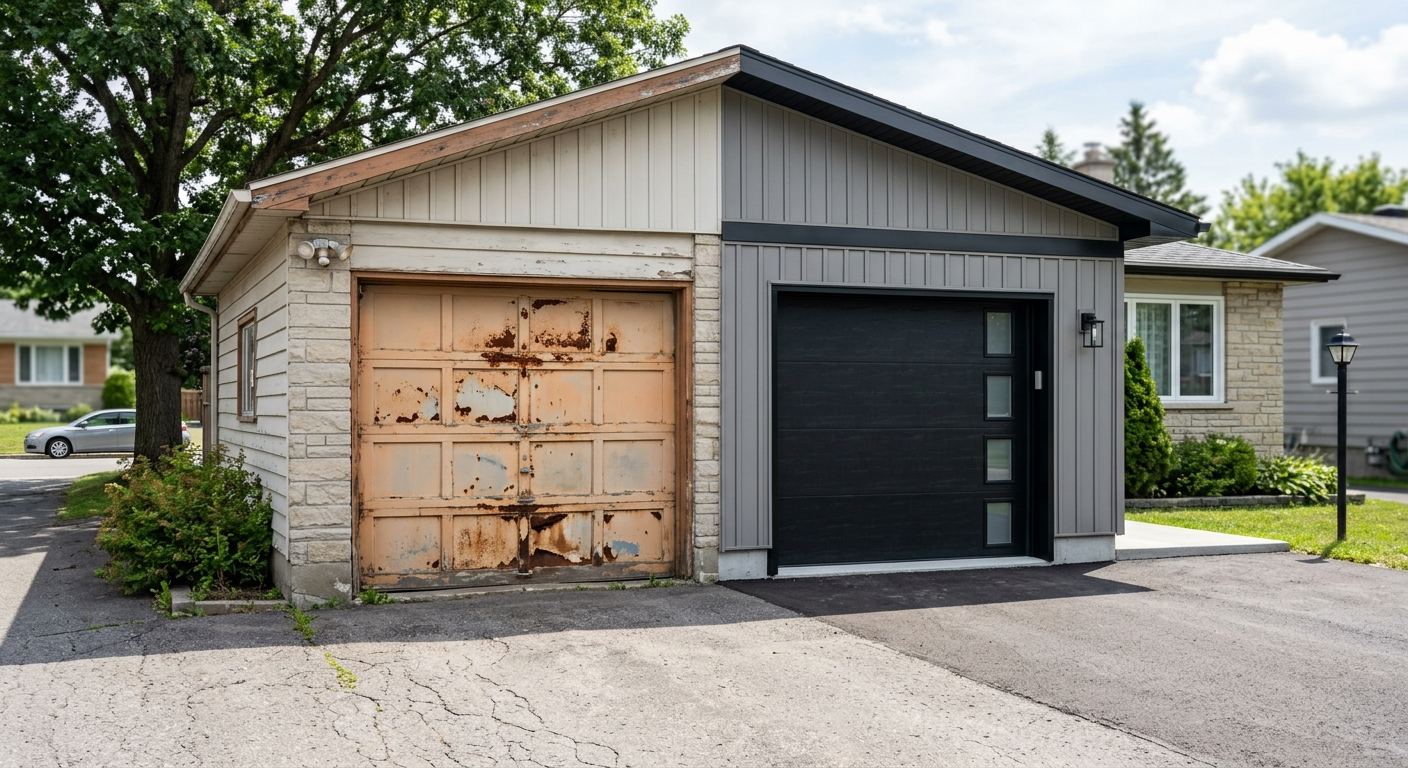 Maison avec nouvelle porte de garage imitation bois à Dorval